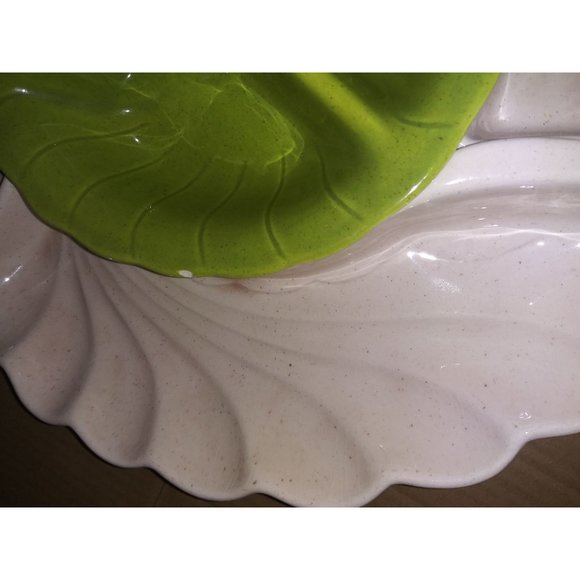 VTG Lane & Co Green Cream Ceramic Leaf Chip and Dip Lazy Susan Candy Dish 1960 - Picture 7 of 14